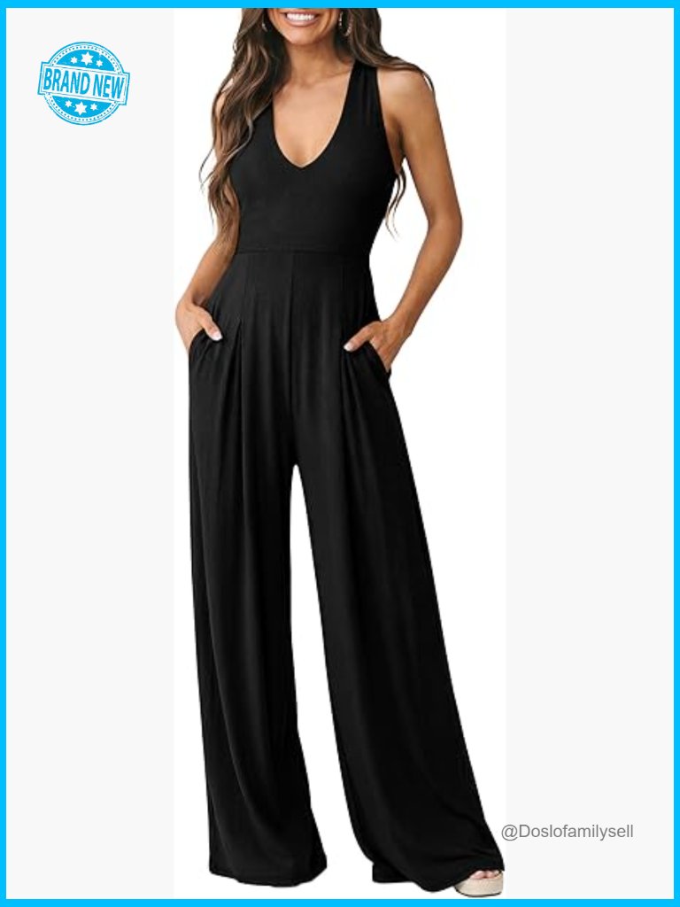 Sleeveless Halter Wide Leg Flowy Rib Jumpsuit Casual Dressy Summer Romper